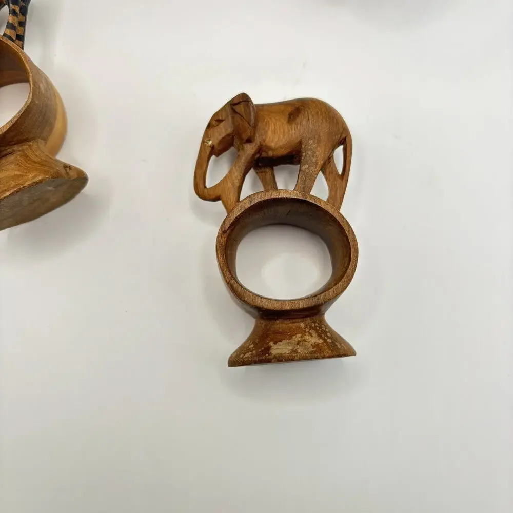 Vintage Set of 5 Hand Carved African Safari Animal Wooden Napkin Rings Footed